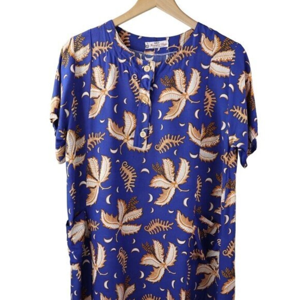 Kencana Ungu Batik Dress OS NO SIZE Botanical Moon Print Blue Orange Loose